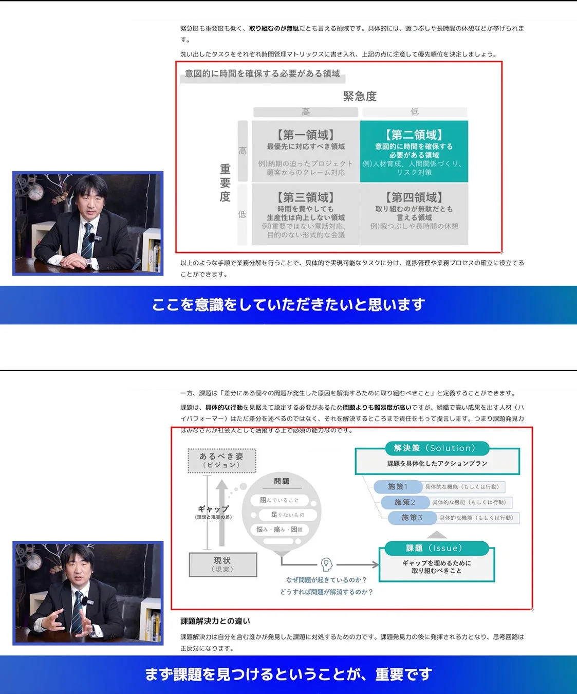 緊急度も重要度も低く、取り組むのが無駄だとさえ言える領域です。具体的には、暇つぶしや長時間の休憩などが挙げられます。洗い出したタスクをそれぞれ時間管理マトリックスに書き入れ、上記の点に注意して優先順位を決定しましょう。意図的に時間を確保する必要がある領域 緊急度 高低 【第一領域】 最優先に対応すべき領域 例)納期の迫ったプロジェクト 顧客からのクレーム対応 【第二領域】 意図的に時間を確保する必要がある領域 例)人材育成、人間関係づくり、リスク対策 【第三領域】 時間を費やしても生産性は向上しない領域 例)重要ではない電話対応、目的のない形式的な会議 【第四領域】 取り組むのが無駄だとさえ言える領域 例)暇つぶしや長時間の休憩 重要度高低以上のような手順で業務分解を行うことで、具体的で実現可能なタスクに分け、進捗管理や業務プロセスの確立に役立てることができます。ここを意識をしていただきたいと思います一方、課題は「差分にある個々の問題が発生した原因を解消するために取り組むべきこと」と定義することができます。課題は、具体的な行動を見据えて設定する必要があるため問題よりも難易度が高いですが、組織で高い成果を出す人材(ハイパフォーマー)はただ差分を述べるのではなく、それを解決するところまで責任をもって提言します。つまり課題発見力はみなさんが社会人として活躍する上で必須の能力なのです。解決策 (Solution) 課題を具体化したアクションプラン 施策1 具体的な機能(もしくは行動) 施策2 具体的な機能(もしくは行動) 施策3 具体的な機能(もしくは行動) あるべき姿(ビジョン) 問題 阻んでいること 足りないもの 悩み・痛み・困難 ギャップ (理想と現実の差) 現状 (現実) なぜ問題が起きているのか? どうすれば問題が解消するのか? 課題 (Issue) ギャップを埋めるために取り組むべきこと課題解決力との違い課題解決力は自分を含む誰かが発見した課題に対処するための力です。課題発見力の後に発揮される力となり、思考回路は正反対になります。まず課題を見つけるということが、重要です