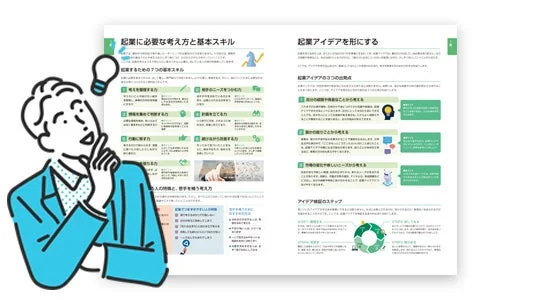 アイデアを考える人物のイラストと、起業に必要な考え方、基本スキル、アイデアの具体化、検証ステップを解説した資料