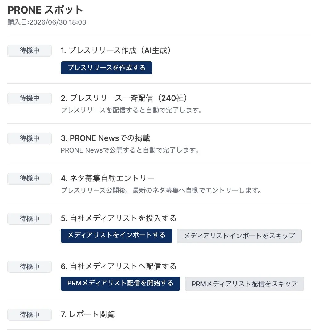 「PRONE スポット」というサービスのプレスリリース作成から配信、掲載、レポート閲覧までの一連の業務フローが「待機中」のステータスで表示されています。
