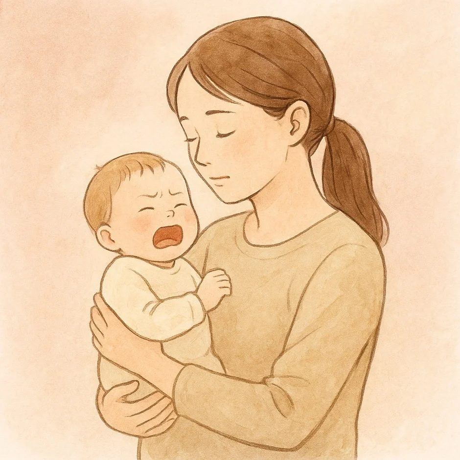 疲れた表情の母親が、泣き叫ぶ赤ちゃんを優しく抱きしめているイラストです。子育ての現実や、母親が抱える心労、愛情が表現されています。