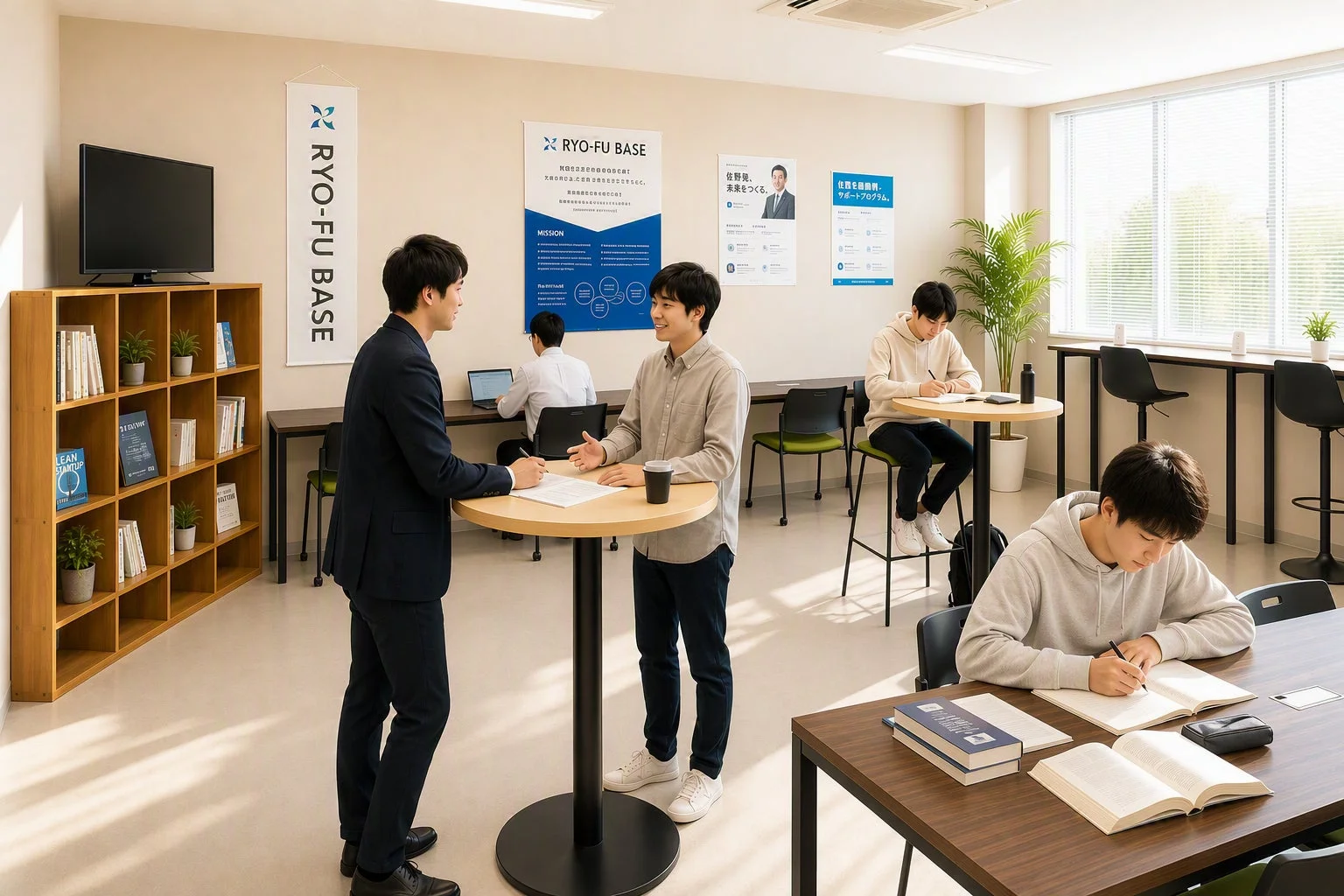 コワーキングスペースで作業や交流をする人々