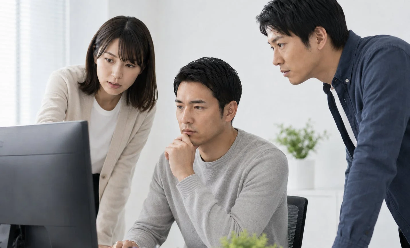 ビジネスパーソンがパソコンの画面を囲んで議論する様子