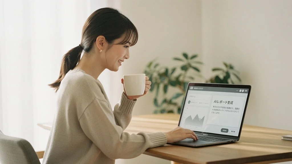 ノートPCでAIレポートを見ている女性
