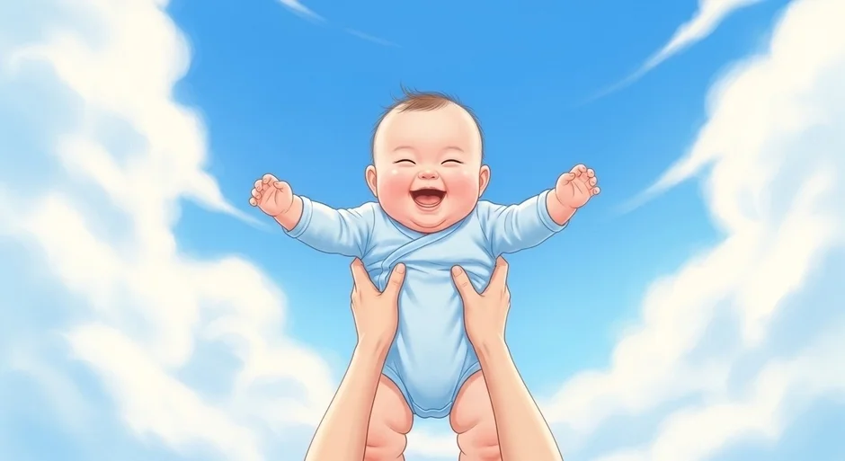 青空と白い雲を背景に、満面の笑みを浮かべた赤ちゃんが両手で持ち上げられているイラスト。親子の温かい愛情と、赤ちゃんの無邪気な喜びが伝わる、明るく幸せな瞬間を描いています。