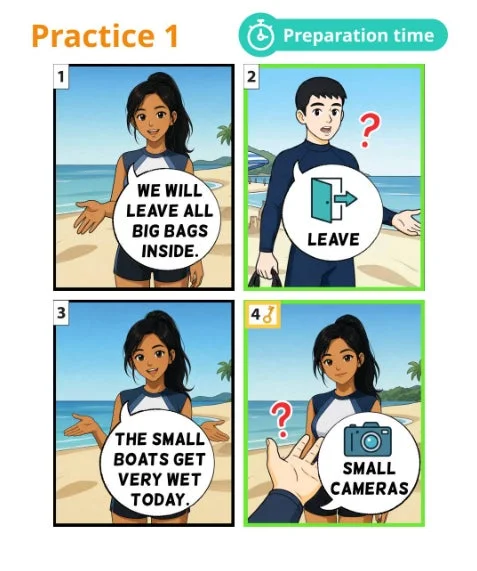 英語学習、漫画、イラスト、ビーチ、準備、荷物、カメラ、ボート、指示、会話、男女