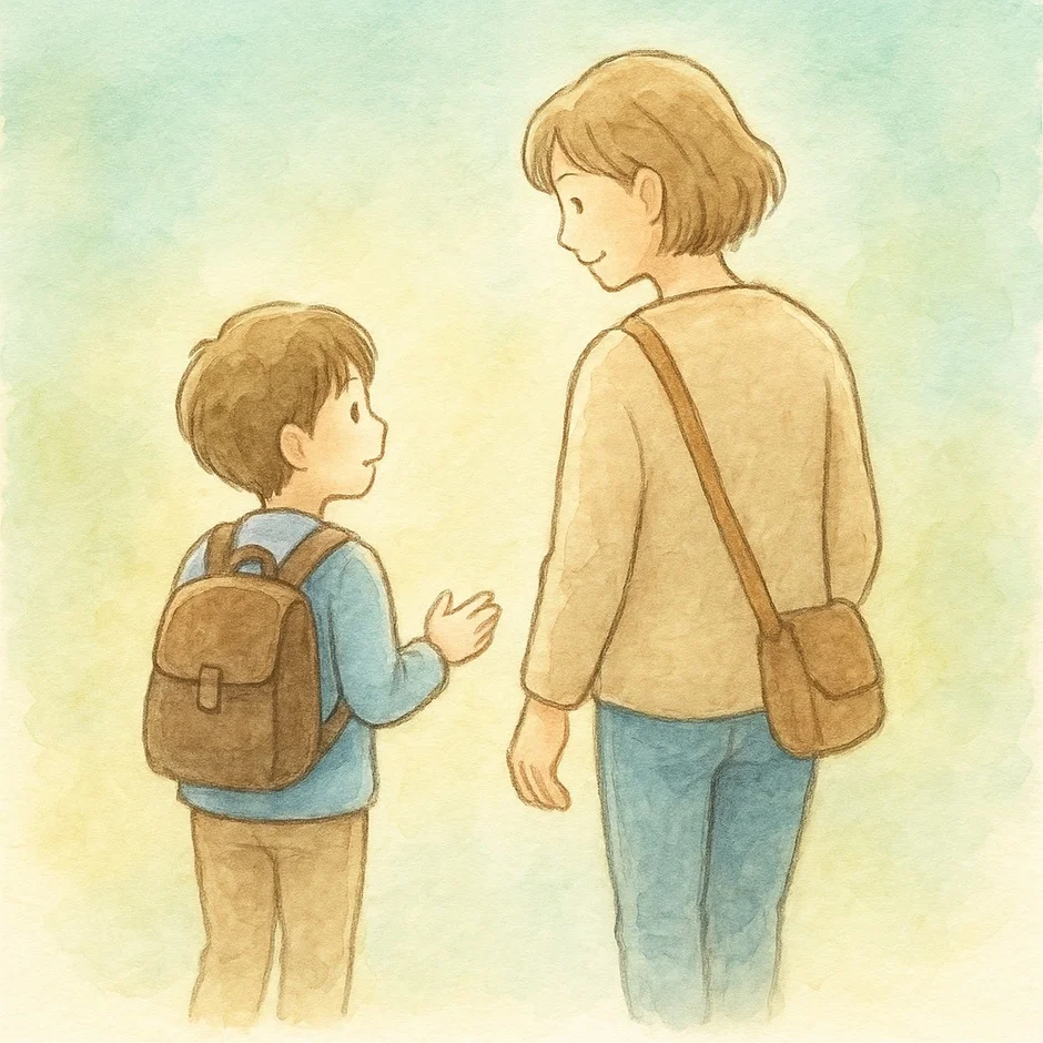 水彩画風のイラストで、ランドセルを背負った男の子が大人と向き合って話している様子が描かれています。穏やかな雰囲気です。