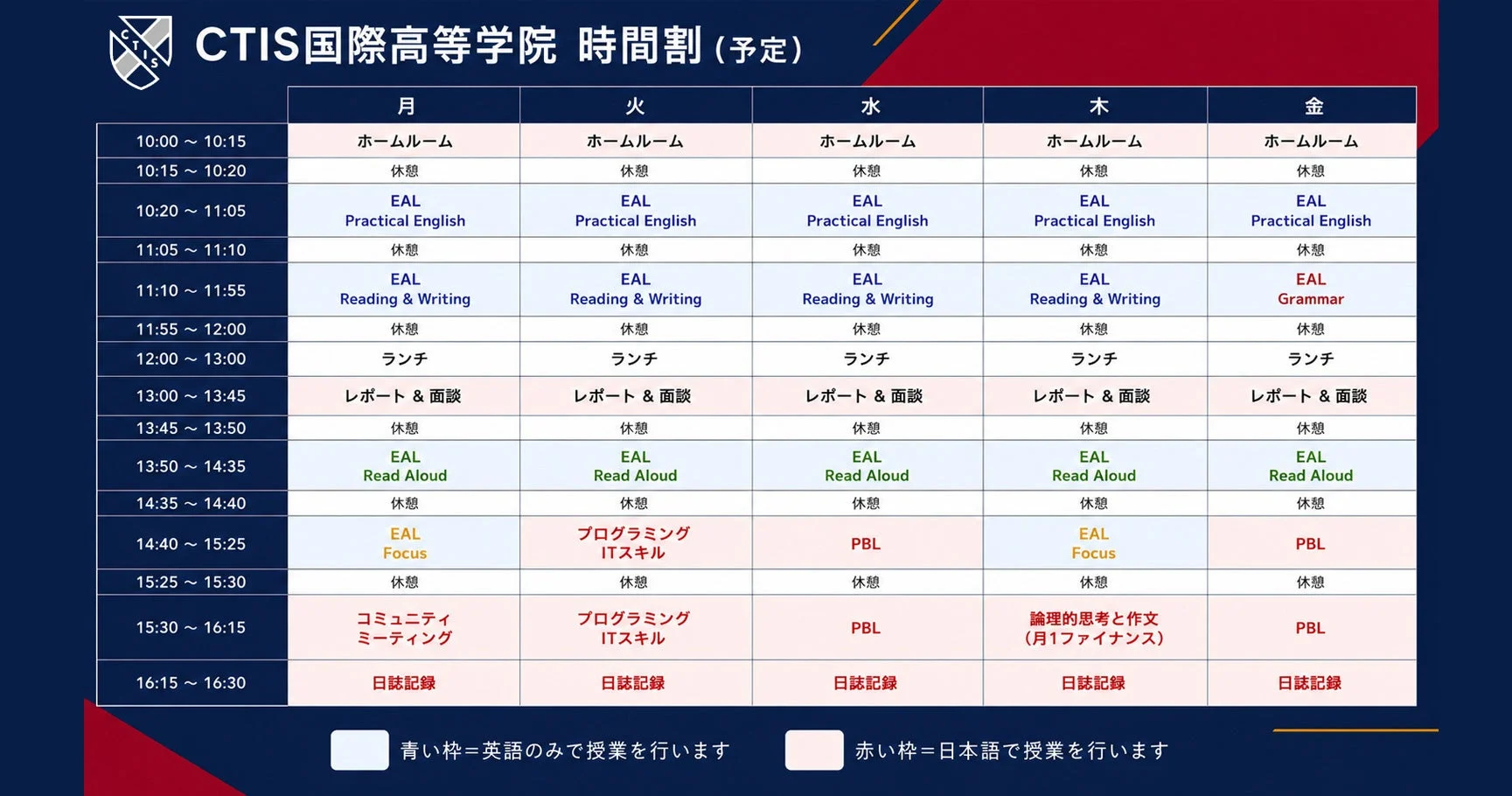 CTIS国際高等学院の週ごとの時間割(予定)