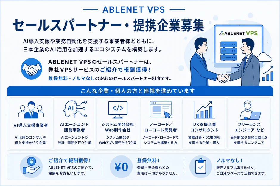 ABLE NET VPSがセールスパートナー・提携企業を募集する案内