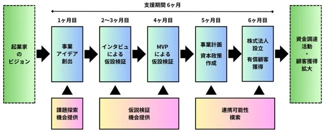 起業家向け6ヶ月間支援プログラムのフローチャート
