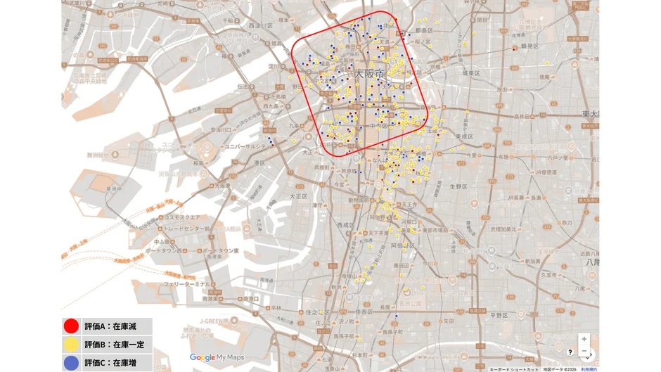 大阪市の在庫変動を示す地図