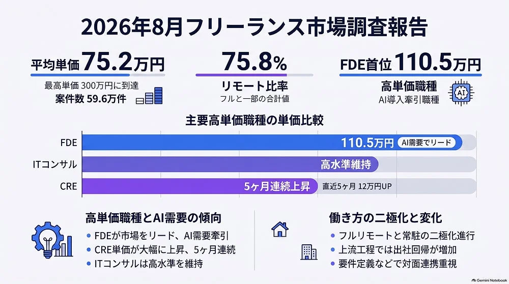 2026年8月のフリーランス市場調査報告。平均単価75.2万円、リモート比率75.8%で、FDE職種がAI需要を牽引し単価首位。働き方の二極化も進むことが示されています。