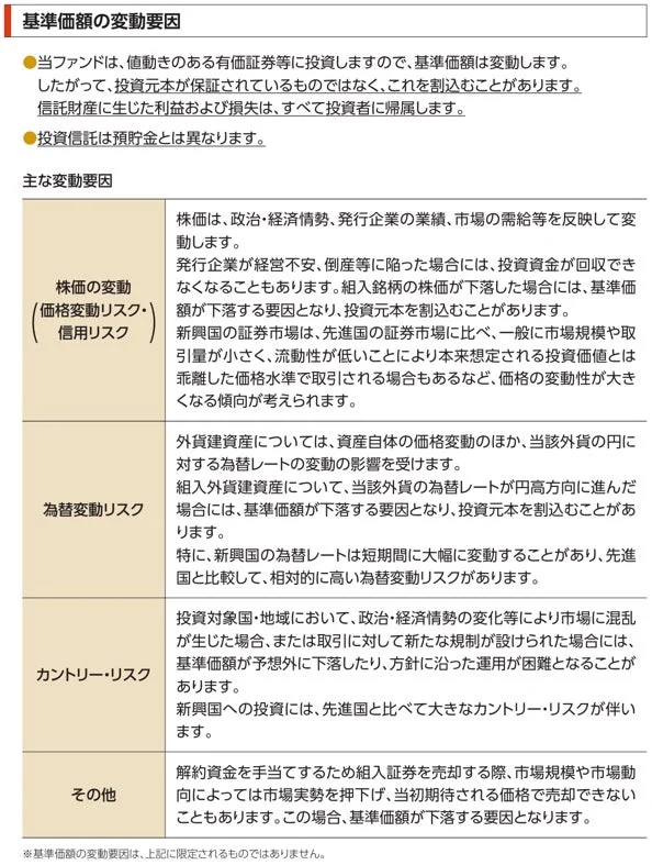 投資信託の基準価額変動要因を説明。株価変動、信用、為替、カントリーリスクなど主なリスクを解説し、投資元本は保証されず、新興国投資には特に高いリスクがあることを示しています。