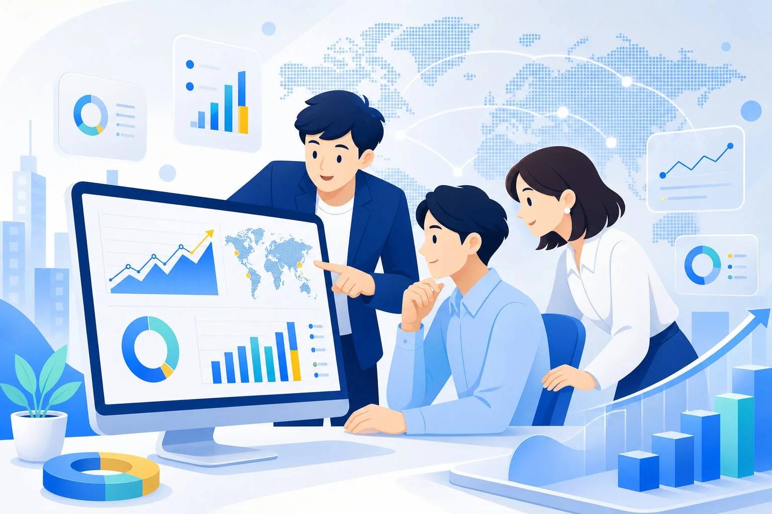 ビジネスミーティングでデータを見ている人々の画像