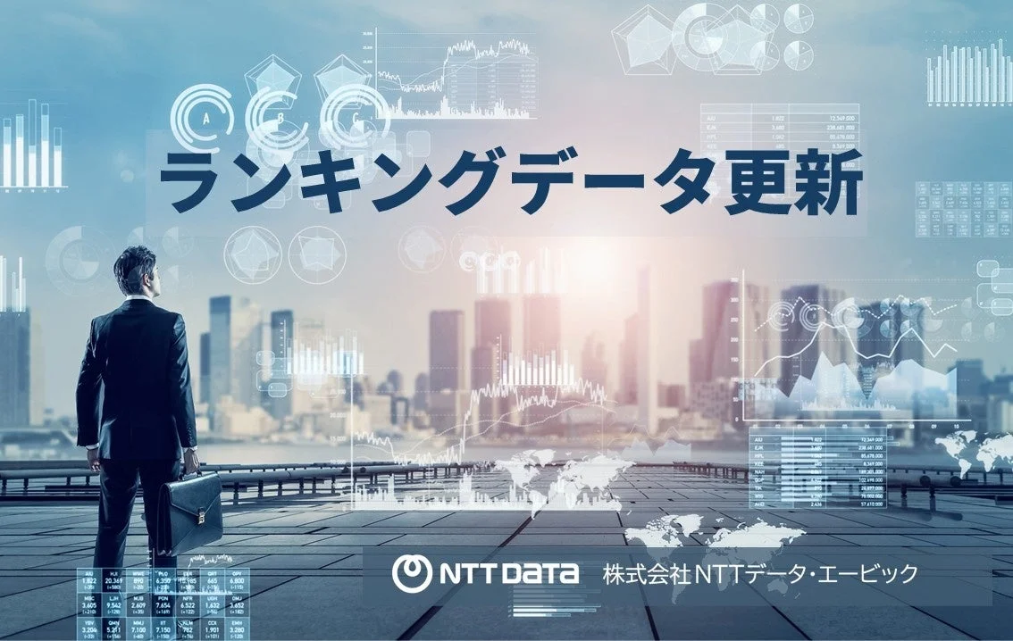 ビジネスマンが未来的な都市とデータ分析のグラフィックを背景に立っており、「ランキングデータ更新」という主要なメッセージが表示されている画像