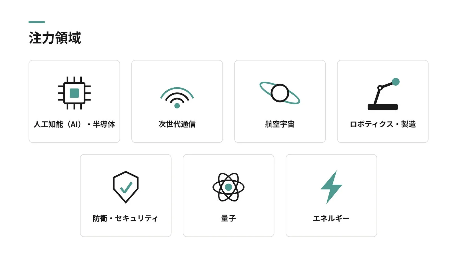 注力領域：人工知能・半導体、次世代通信、航空宇宙、ロボティクス・製造、防衛・セキュリティ、量子、エネルギー