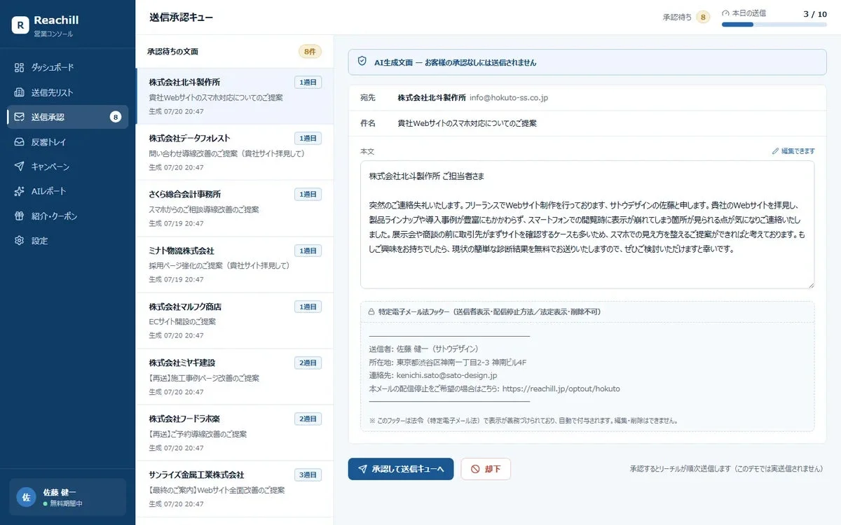 「Reachill」という営業コンソールの送信承認キュー画面が表示されており、承認待ちのメールが8件リストアップされています。