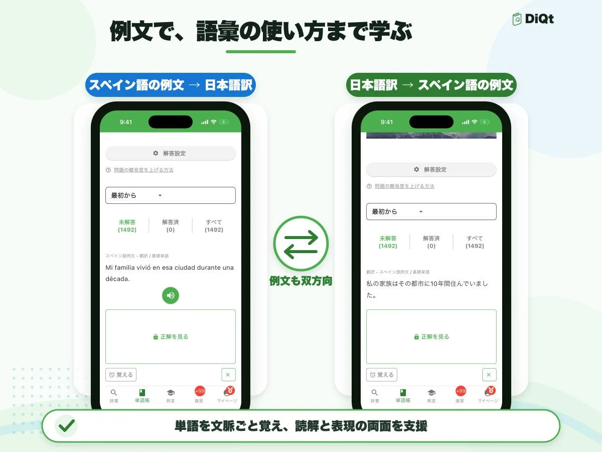例文で、語彙の使い方まで学ぶ