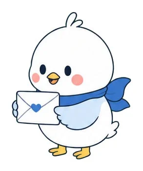 青いスカーフを巻いた可愛らしい白い鳥のキャラクターが、青いハートマークのついた白い手紙を両手で持っているイラストです。