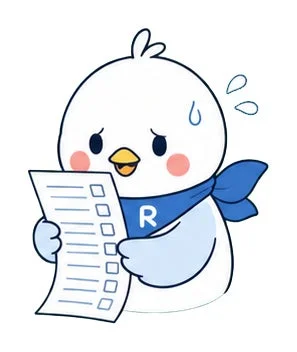 青いスカーフを巻いた可愛らしい鳥のキャラクターが、長いチェックリストのような書類を両手に持ち、額に汗をかきながら困惑した表情を浮かべているイラストです。