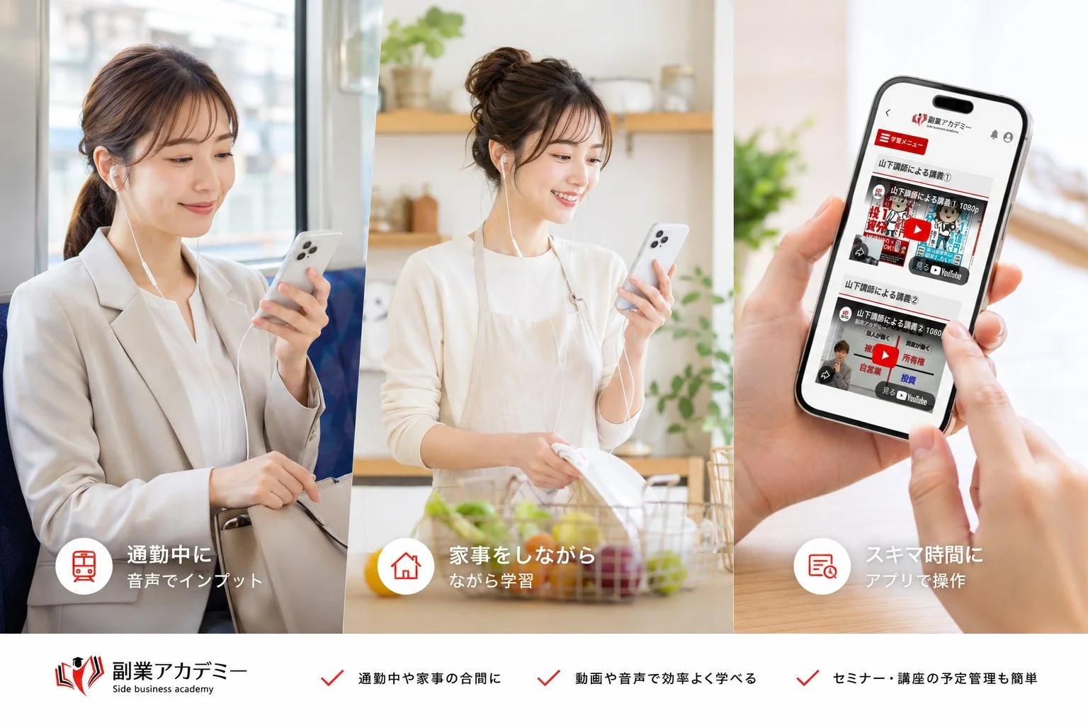 通勤中や家事の合間にアプリで学習するイメージ