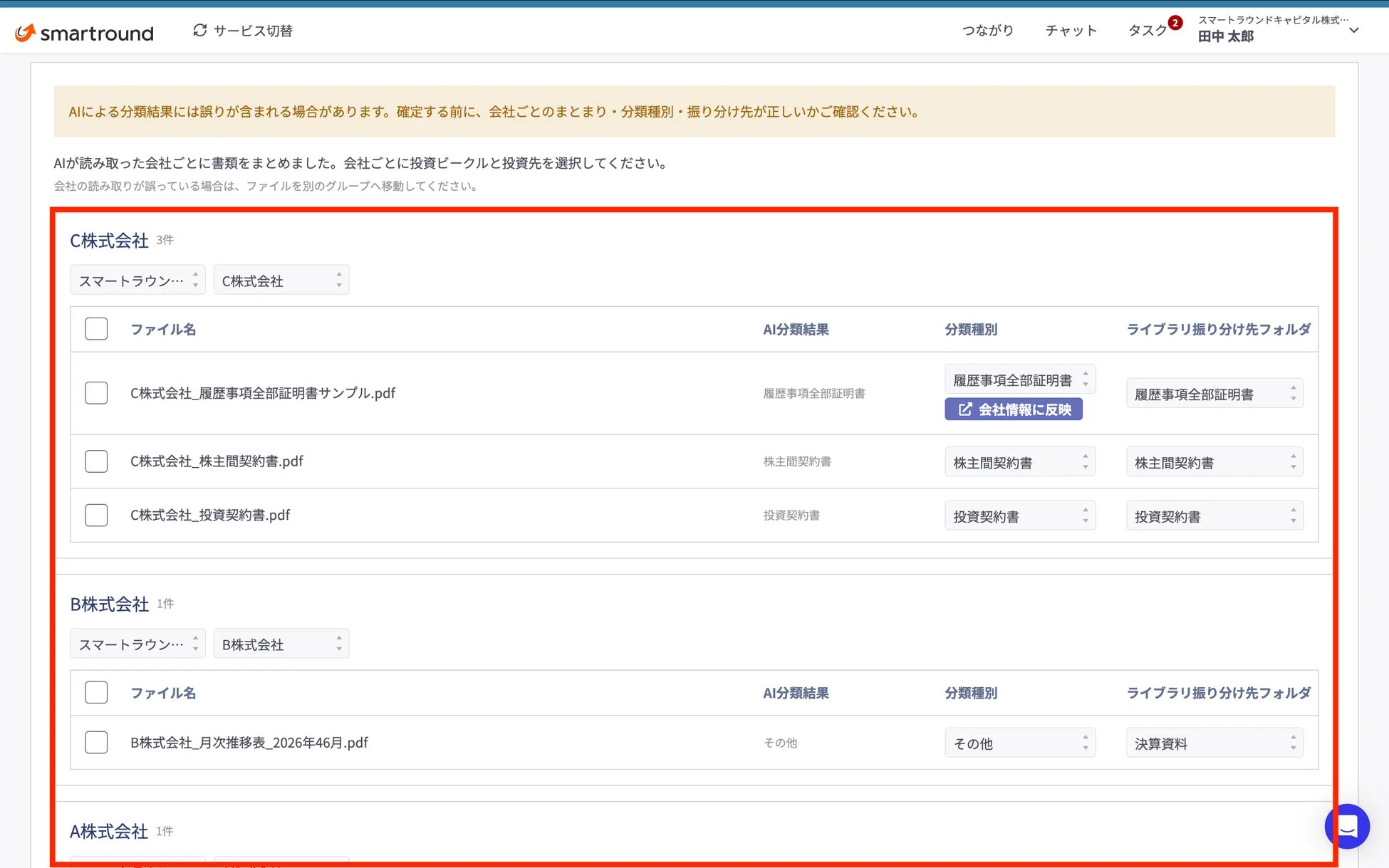 ドキュメント管理システム「smartround」の画面で、AIによるファイル分類結果を表示。会社ごとに書類がグループ化され、分類種別や振り分け先フォルダが一覧表示されており、ユーザーは確認・修正できる。