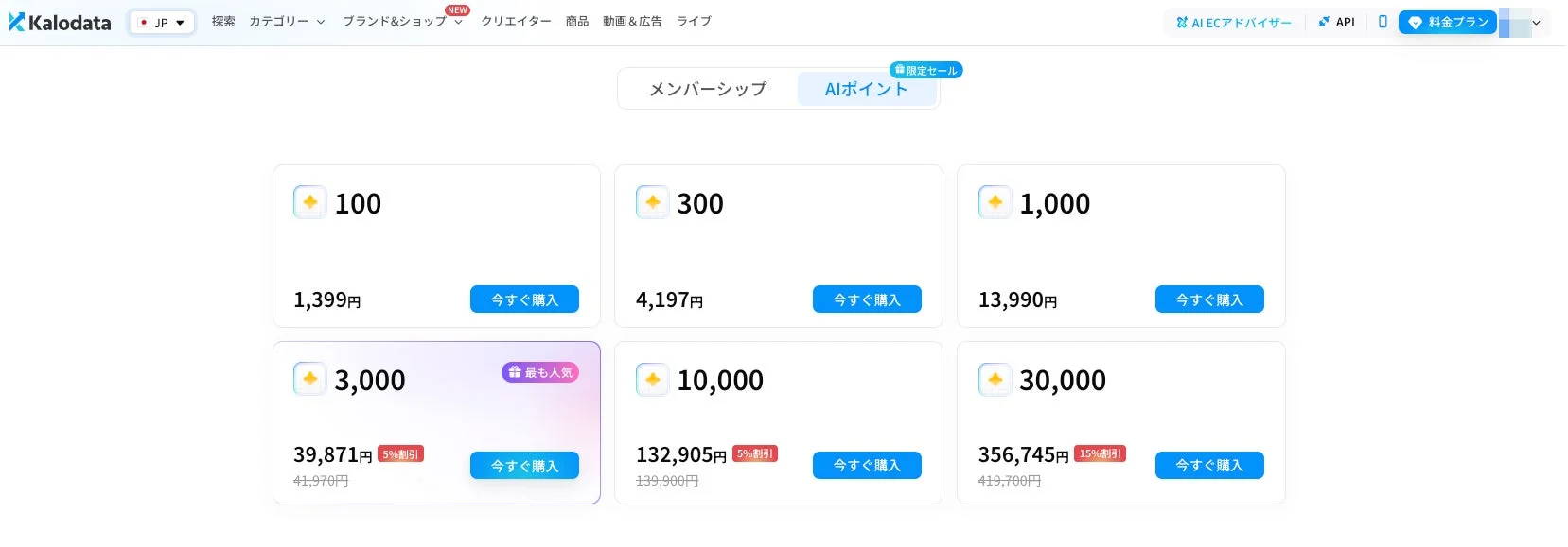 KalodataのAIポイント料金プランの画面