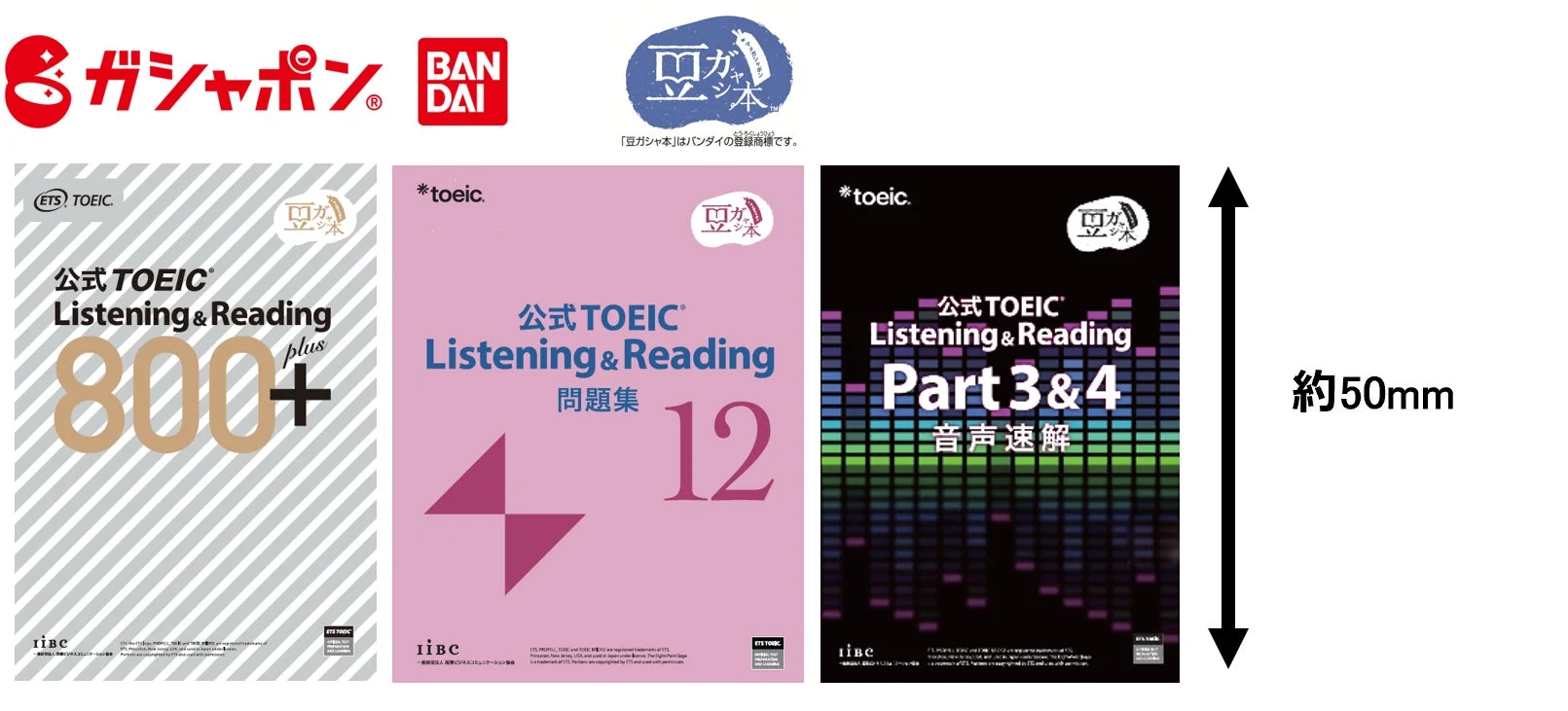 バンダイの「豆ガシャ本」シリーズとして展開されている、公式TOEIC Listening & Readingのミニチュア参考書3冊を紹介する画像