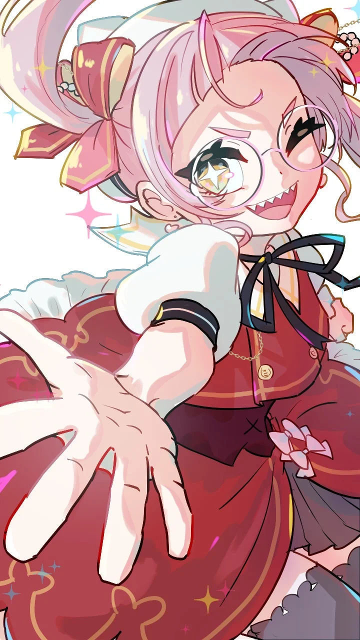 アニメ,少女,ピンク髪,眼鏡,赤い服,笑顔,手を差し伸べる,デジタルアート,イラスト,かわいい,ポップ