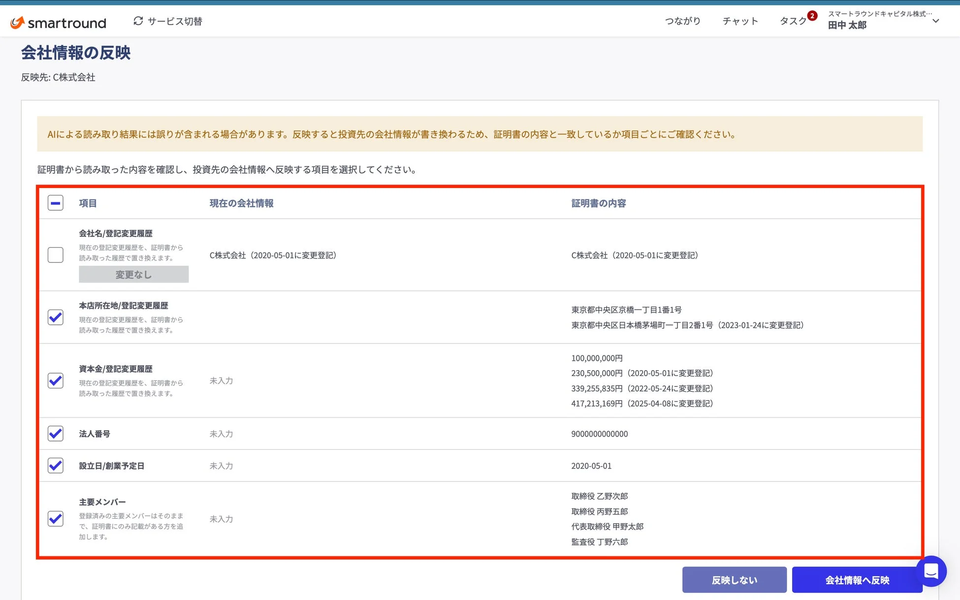 会社情報の反映画面で、AIが読み取った証明書の内容と現在の会社情報を比較し、変更項目を選択するUIです。会社名、所在地、資本金、法人番号、設立日、主要メンバーの更新が可能です。