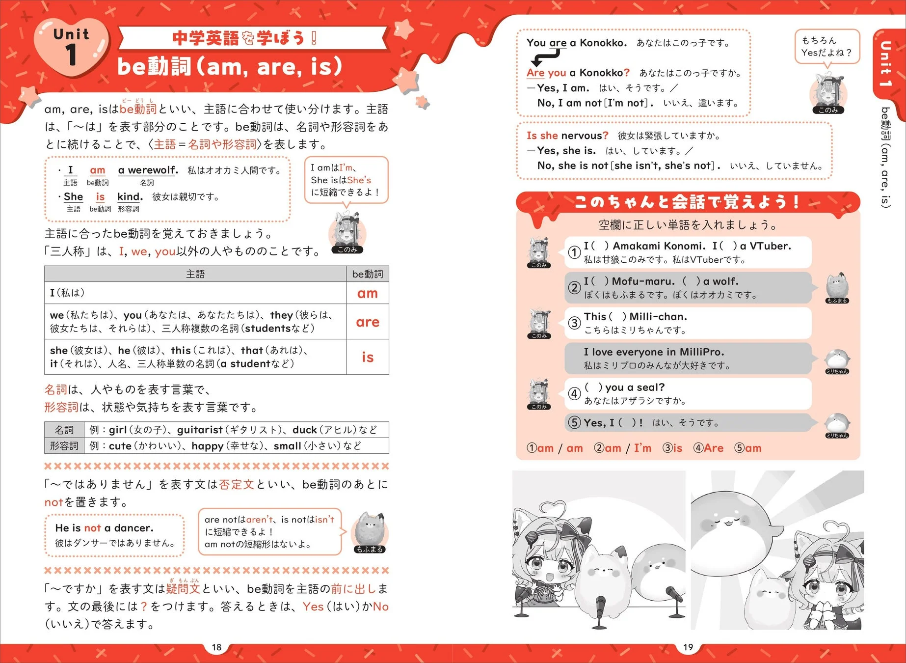 このちゃんともふまるたちの会話で文法を学べる