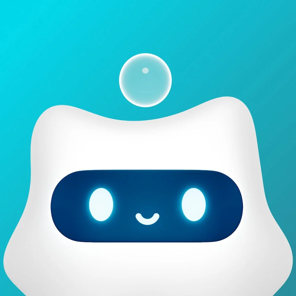 青い背景に、白い丸みを帯びたロボットのようなキャラクターが描かれています。青い顔に光る目と笑顔があり、頭上には透明な泡が浮かんでいます。