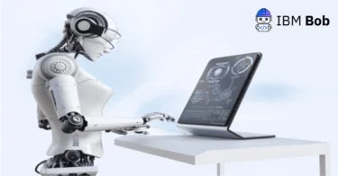 人型ロボットが未来的なデバイスを操作している様子